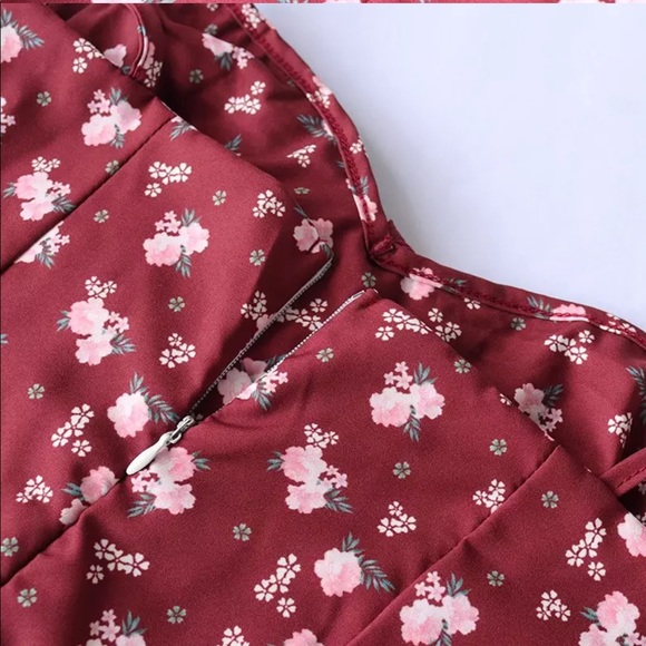 Red wine floral slit summer beach dress - Picture 12 of 15